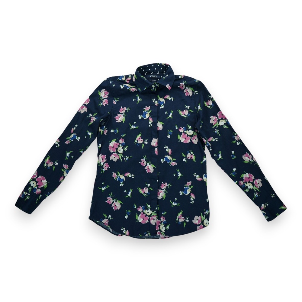 Chaps Womens Small Navy Blue Floral No Iron Button‎ Up Shirt Long Sleeve Blouse